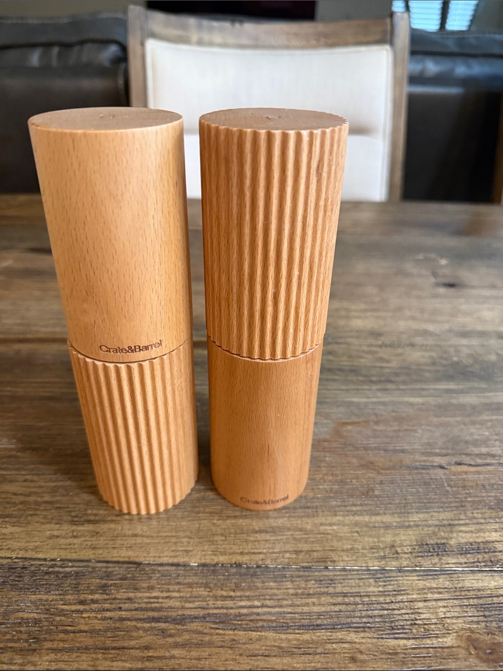 Crate&Barrel Ribbed Hanno fluted Natural Wood Salt & Pepper Mills - Tan